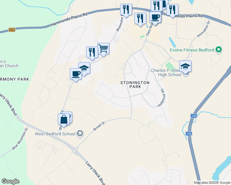 map of restaurants, bars, coffee shops, grocery stores, and more near 11 Aspenhill Court in Bedford