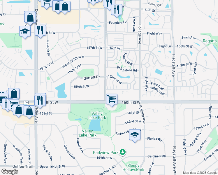 map of restaurants, bars, coffee shops, grocery stores, and more near 15866 Frisian Lane in Apple Valley