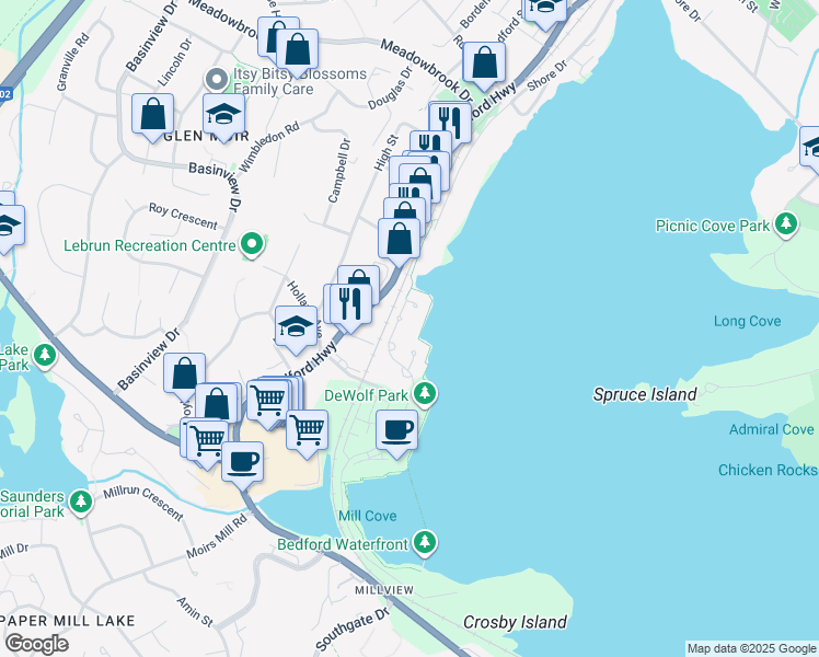 map of restaurants, bars, coffee shops, grocery stores, and more near 40 Waterfront Drive in Bedford