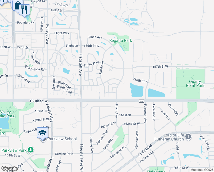 map of restaurants, bars, coffee shops, grocery stores, and more near 6315 158th Street West in Apple Valley