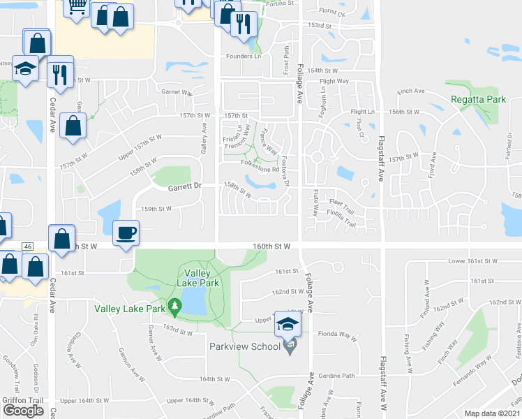 map of restaurants, bars, coffee shops, grocery stores, and more near 6813 158th Street West in Apple Valley