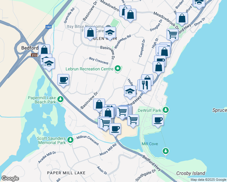map of restaurants, bars, coffee shops, grocery stores, and more near 96 Doyle Street in Bedford