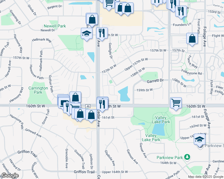 map of restaurants, bars, coffee shops, grocery stores, and more near 7444 157th Street West in Apple Valley