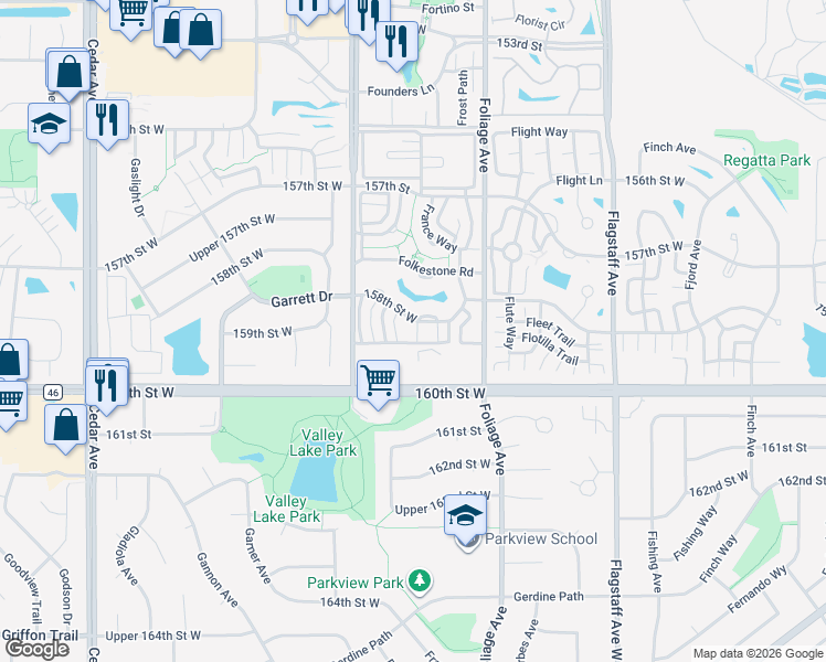 map of restaurants, bars, coffee shops, grocery stores, and more near 6824 158th Street West in Apple Valley