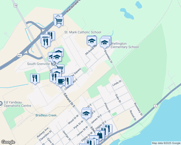 map of restaurants, bars, coffee shops, grocery stores, and more near 353 Churchill Road East in Prescott