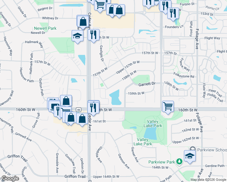 map of restaurants, bars, coffee shops, grocery stores, and more near 7350 158th Street West in Apple Valley
