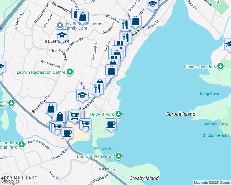 map of restaurants, bars, coffee shops, grocery stores, and more near 30 Waterfront Drive in Bedford
