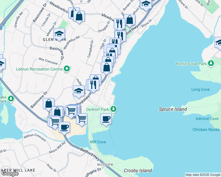 map of restaurants, bars, coffee shops, grocery stores, and more near 30 Waterfront Drive in Bedford