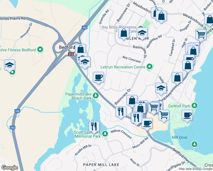 map of restaurants, bars, coffee shops, grocery stores, and more near 21 Bedford Hills Road in Bedford