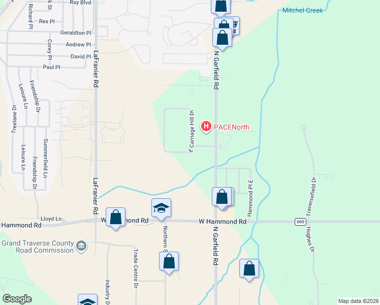 map of restaurants, bars, coffee shops, grocery stores, and more near 2300 East Carriage Hill Drive in Traverse City