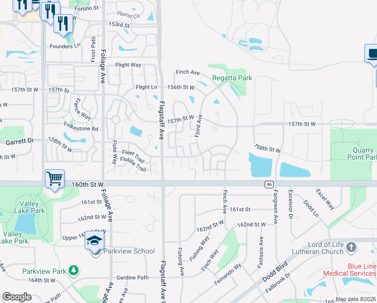 map of restaurants, bars, coffee shops, grocery stores, and more near 15783 Upper Fjord Way in Apple Valley