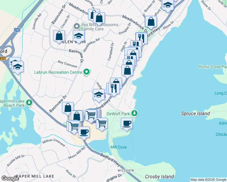 map of restaurants, bars, coffee shops, grocery stores, and more near 1086 Bedford Highway in Bedford