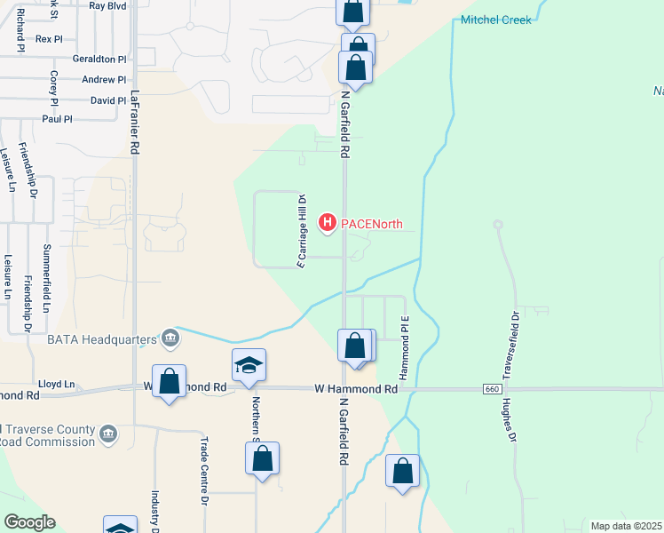 map of restaurants, bars, coffee shops, grocery stores, and more near 2297 North Garfield Road in Traverse City