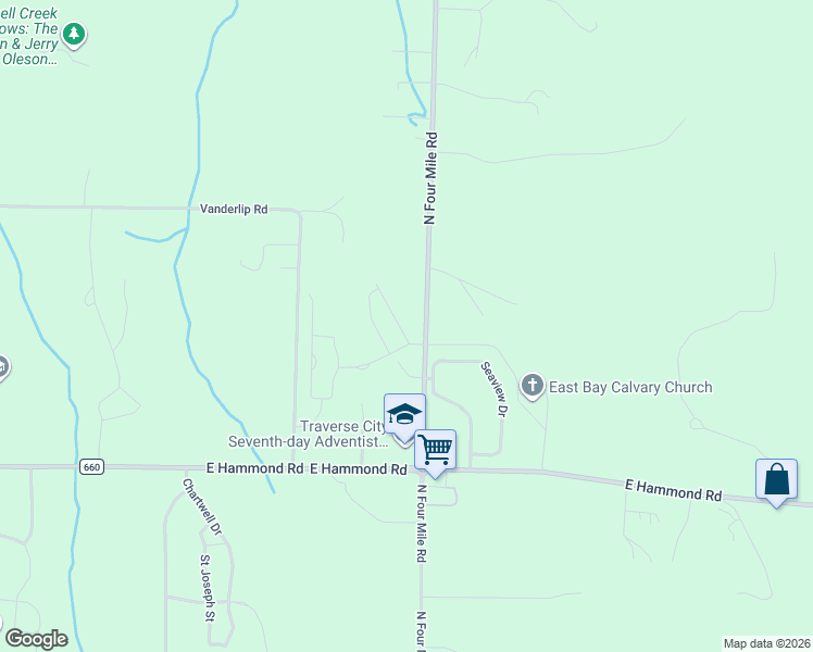 map of restaurants, bars, coffee shops, grocery stores, and more near 2221 North Four Mile Road in Traverse City