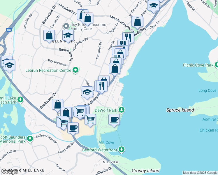 map of restaurants, bars, coffee shops, grocery stores, and more near 1105 Bedford Highway in Bedford