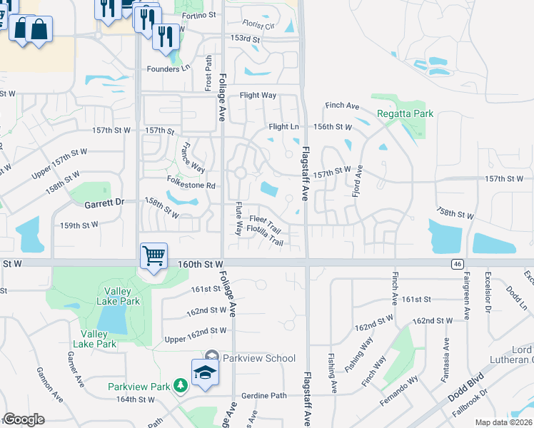 map of restaurants, bars, coffee shops, grocery stores, and more near 6462 158th Street West in Apple Valley