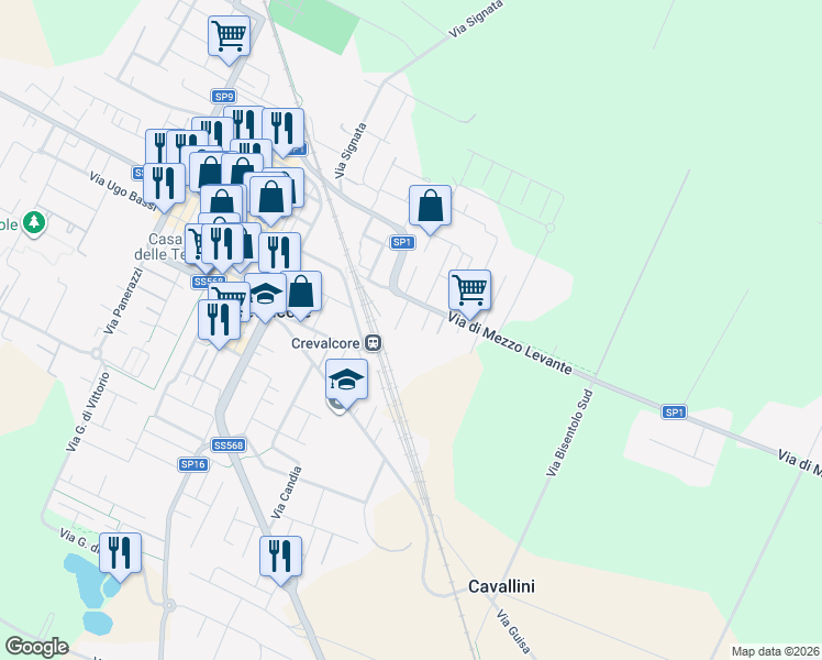 map of restaurants, bars, coffee shops, grocery stores, and more near 534 E Via di Mezzo Levante in Crevalcore