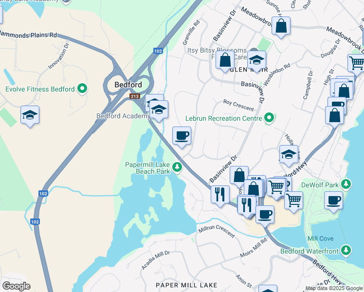 map of restaurants, bars, coffee shops, grocery stores, and more near 173 Hammonds Plains Road in Bedford