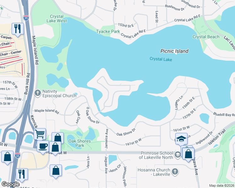 map of restaurants, bars, coffee shops, grocery stores, and more near 315 Maple Island Road in Burnsville