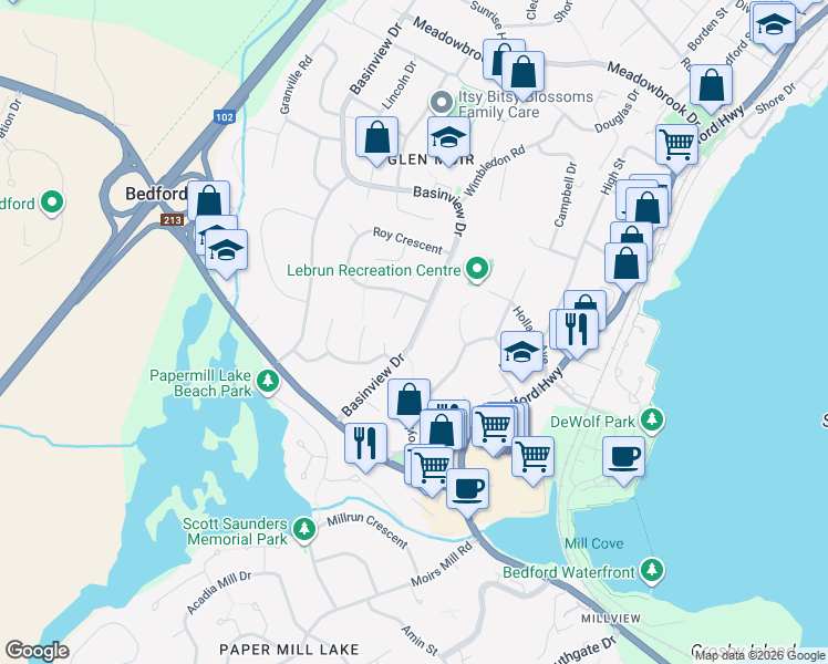 map of restaurants, bars, coffee shops, grocery stores, and more near 116 Basinview Drive in Bedford