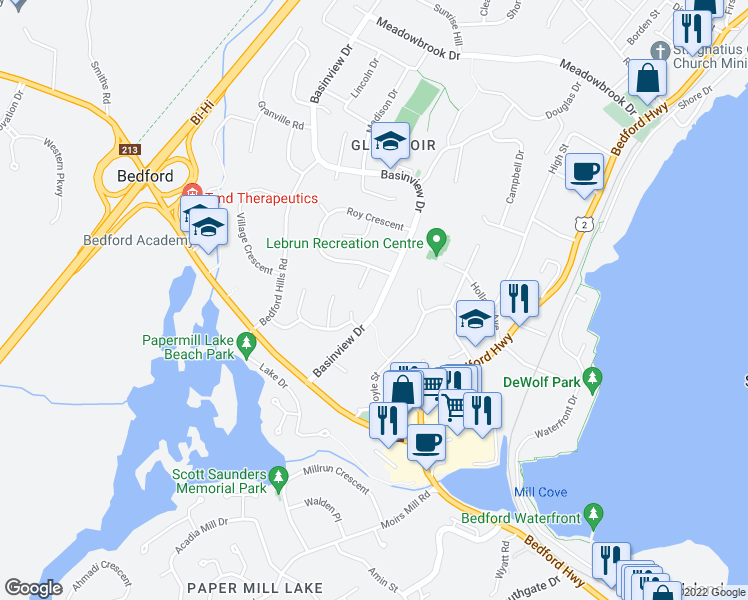 map of restaurants, bars, coffee shops, grocery stores, and more near 116 Basinview Drive in Bedford