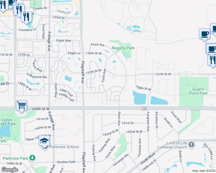 map of restaurants, bars, coffee shops, grocery stores, and more near 6315 158th Street West in Apple Valley