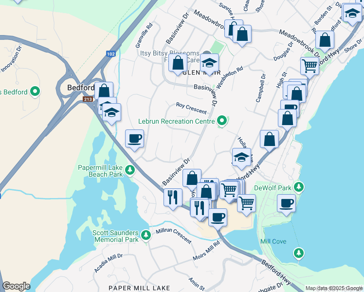map of restaurants, bars, coffee shops, grocery stores, and more near 39 Lugar Court in Bedford