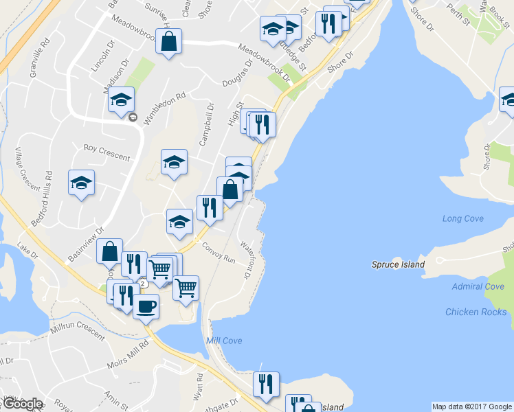 map of restaurants, bars, coffee shops, grocery stores, and more near 5 Arthur Lismer Court in Bedford