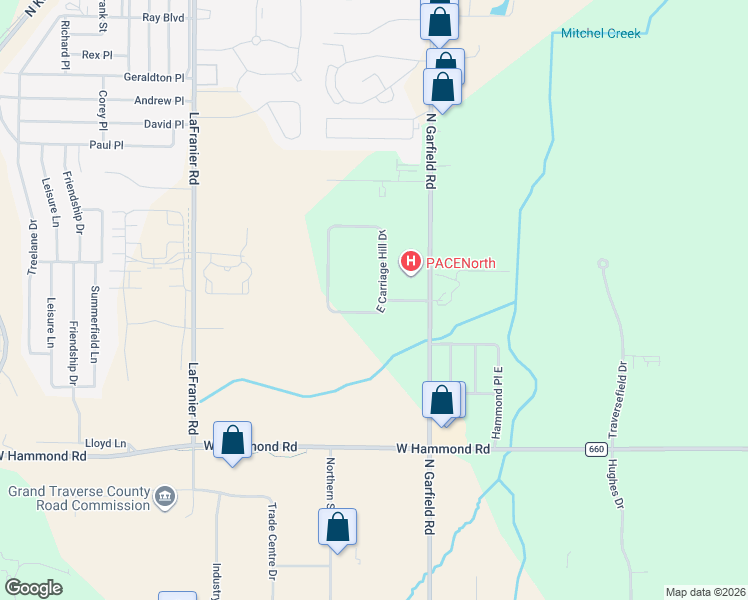 map of restaurants, bars, coffee shops, grocery stores, and more near 2300-2320 East Carriage Hill Drive in Traverse City