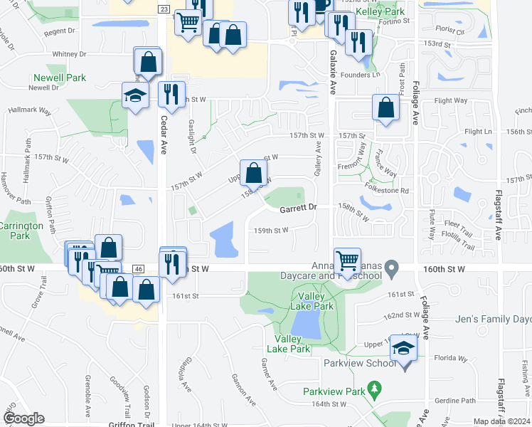 map of restaurants, bars, coffee shops, grocery stores, and more near 15852 Garrett Path in Apple Valley