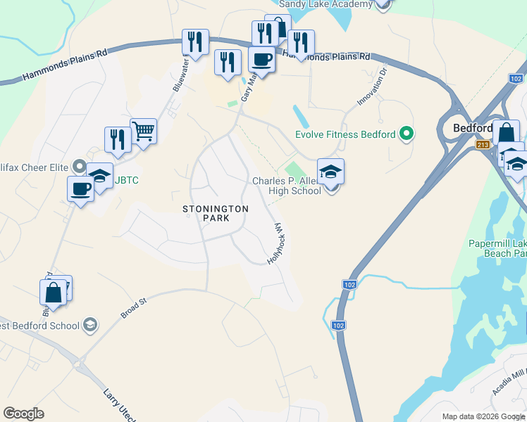 map of restaurants, bars, coffee shops, grocery stores, and more near 53 Hollyhock Way in Bedford