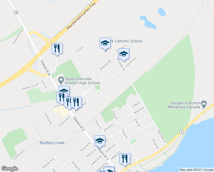 map of restaurants, bars, coffee shops, grocery stores, and more near 353 Churchill Road East in Prescott