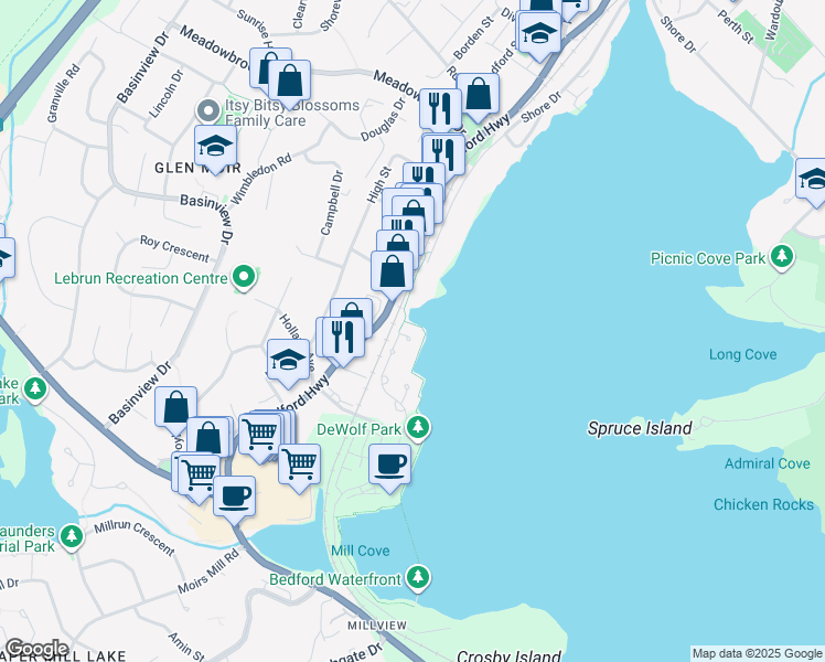 map of restaurants, bars, coffee shops, grocery stores, and more near 4 Arthur Lismer Court in Bedford