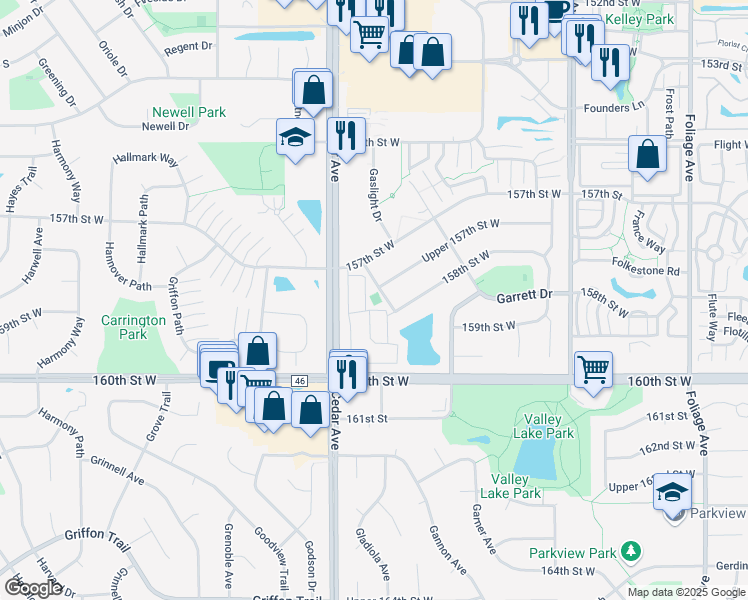 map of restaurants, bars, coffee shops, grocery stores, and more near 7444 157th Street West in Apple Valley