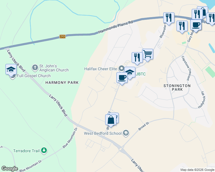 map of restaurants, bars, coffee shops, grocery stores, and more near 180 Lewis Drive in Bedford