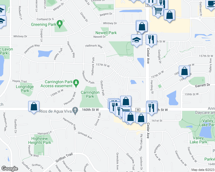 map of restaurants, bars, coffee shops, grocery stores, and more near 15828 Griffon Path in Apple Valley