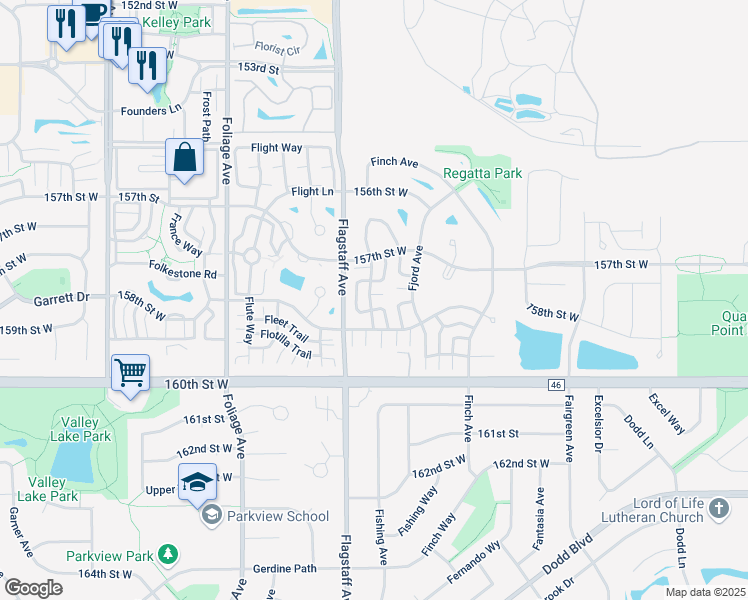 map of restaurants, bars, coffee shops, grocery stores, and more near 15767 Flackwood Trail in Apple Valley