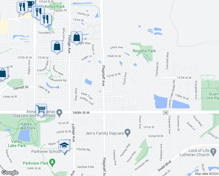 map of restaurants, bars, coffee shops, grocery stores, and more near 15753 Flackwood Avenue in Apple Valley