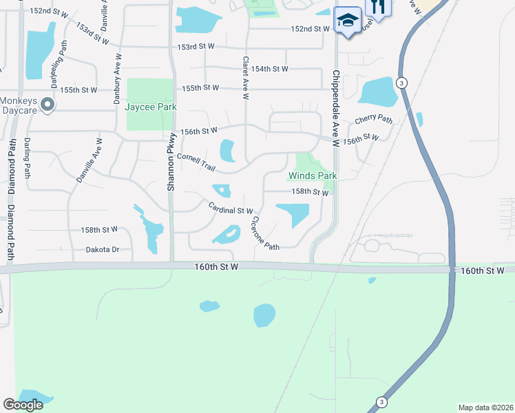 map of restaurants, bars, coffee shops, grocery stores, and more near 15744 Cicerone Path in Rosemount