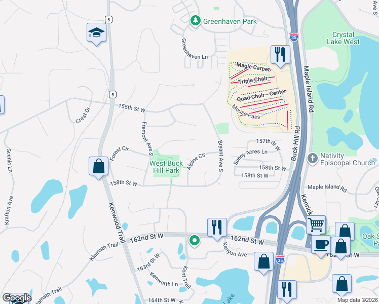 map of restaurants, bars, coffee shops, grocery stores, and more near 15701 Alpine Circle in Burnsville