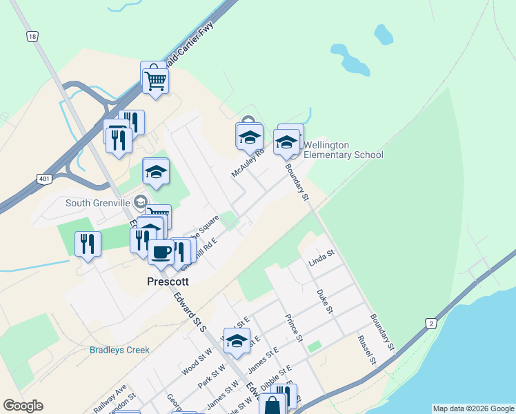 map of restaurants, bars, coffee shops, grocery stores, and more near 353 Churchill Road East in Prescott