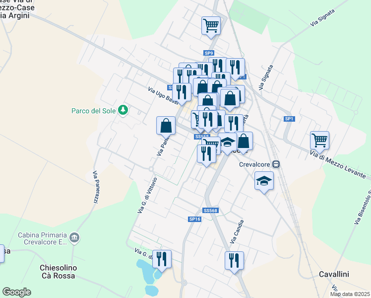 map of restaurants, bars, coffee shops, grocery stores, and more near 159 Via Fratelli Rosselli in Crevalcore
