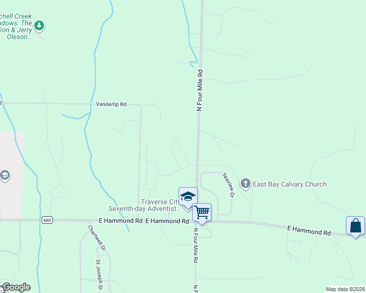 map of restaurants, bars, coffee shops, grocery stores, and more near 2221 North Four Mile Road in Traverse City