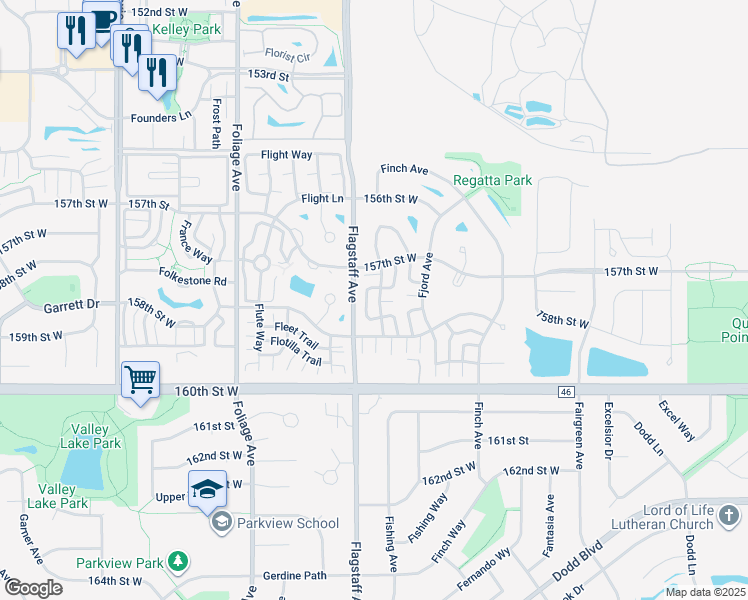 map of restaurants, bars, coffee shops, grocery stores, and more near 15743 Flackwood Avenue in Apple Valley