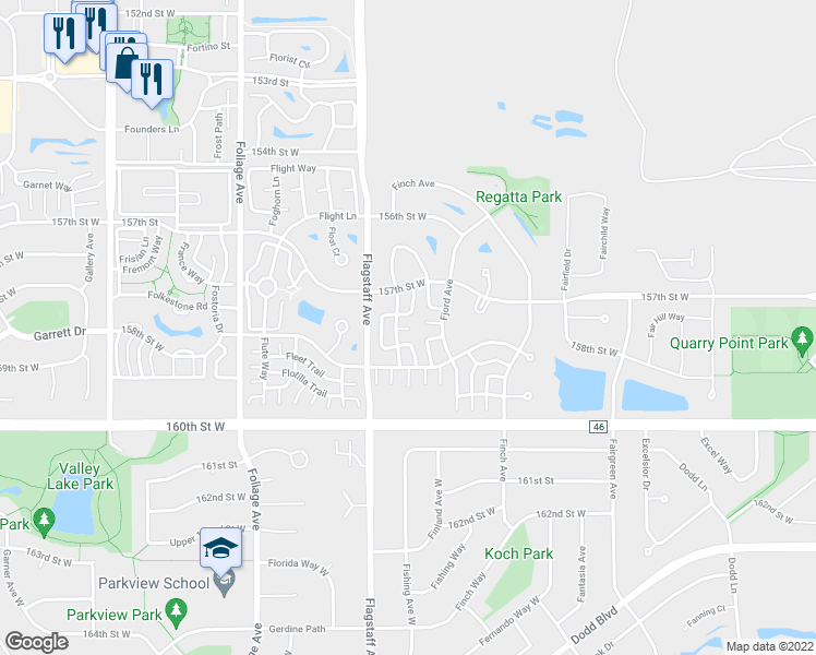 map of restaurants, bars, coffee shops, grocery stores, and more near 15759 Flackwood Way in Apple Valley
