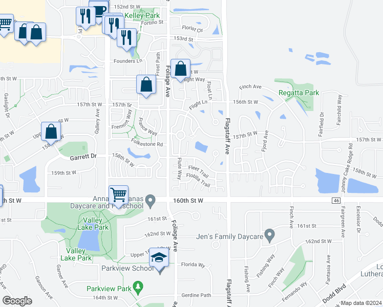 map of restaurants, bars, coffee shops, grocery stores, and more near 6457 158th Street West in Apple Valley