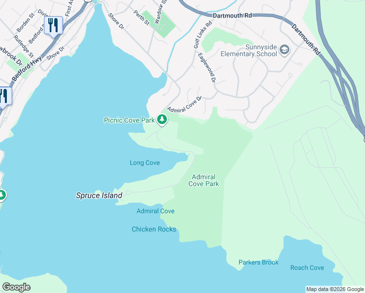 map of restaurants, bars, coffee shops, grocery stores, and more near 1160 Shore Drive in Bedford