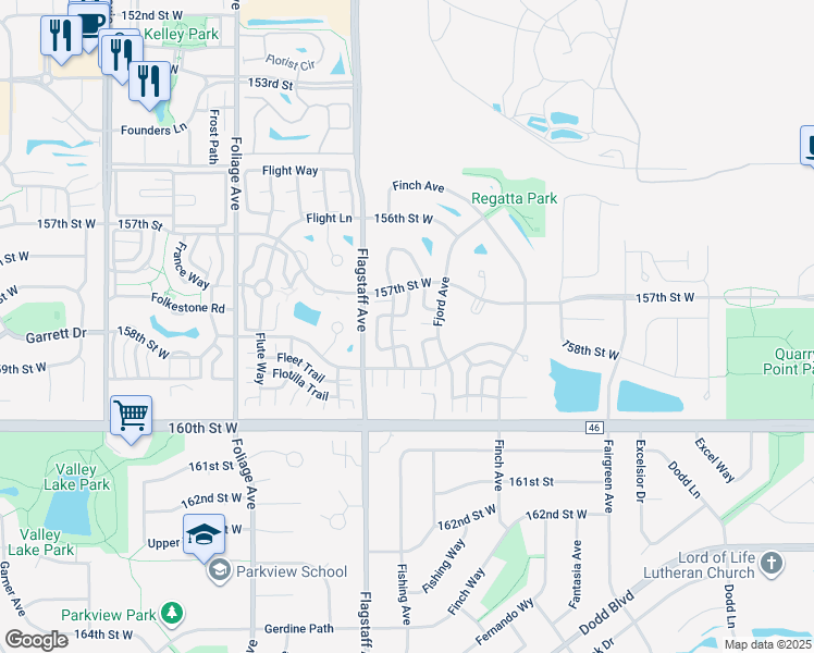 map of restaurants, bars, coffee shops, grocery stores, and more near 15713 Fjord Avenue in Apple Valley