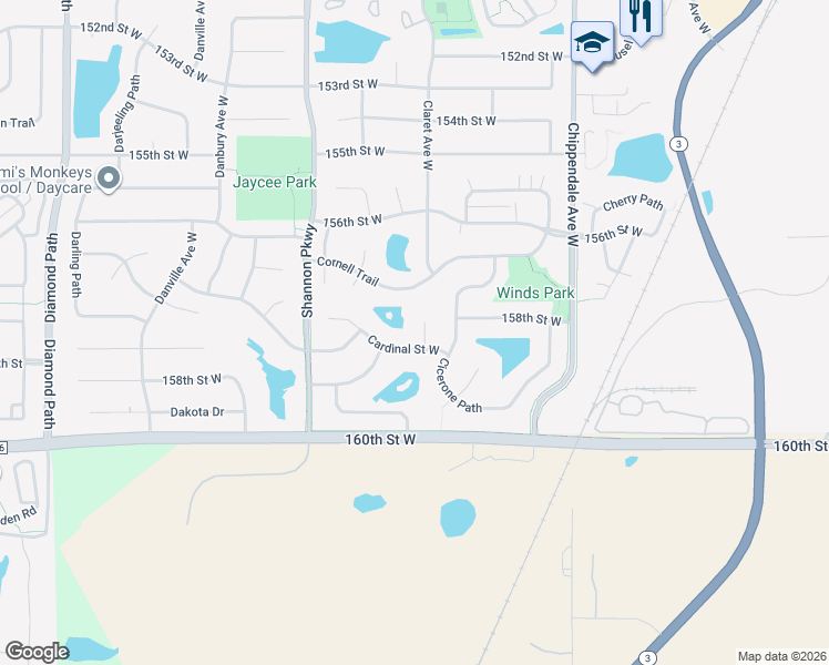 map of restaurants, bars, coffee shops, grocery stores, and more near 15785 Cardinal Circle in Rosemount