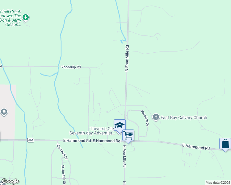 map of restaurants, bars, coffee shops, grocery stores, and more near 2221 North Four Mile Road in Traverse City